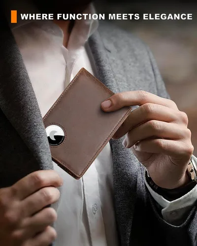 Vista 14 de Billetera AirTag para hombre, de piel auténtica plegable con bloqueo Rfid AirTag con ranuras para efectivo y ventana de identificación, compatible