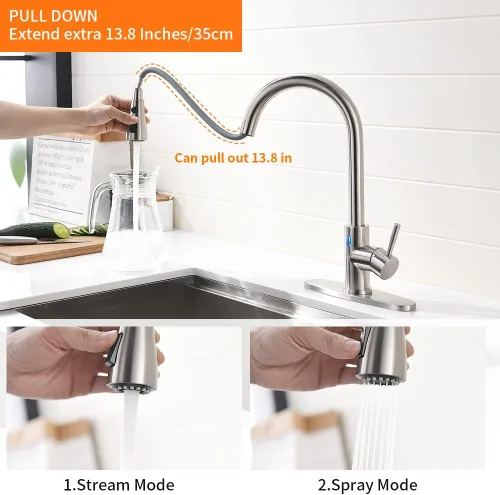 Vista 5 de OWOFAN Grifo de cocina sin contacto con rociador extraíble, luz LED, grifo de fregadero de cocina de una sola manija, sensor de movimiento, manos