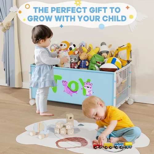 Vista 6 de JBBTOOL Caja de juguetes grande, organizador de almacenamiento de juguetes para niños, baúl de juguetes para niños pequeños con ruedas de 360°, caja