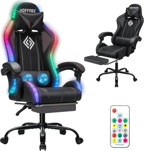 Vista 15 de HOFFREE LED Gaming Chair with Massage RGB Lights Computer Game Chair-Red Rojo + negro