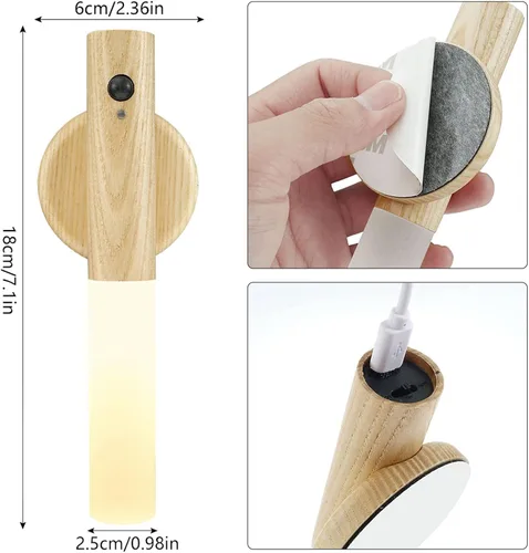 Vista 3 de Aplique de pared con pilas, luz de pared LED inalámbrica con detección de movimiento, luz nocturna recargable por USB para interiores, luz nocturna