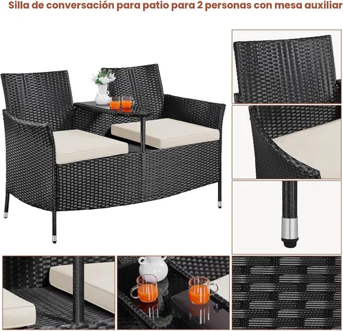 Vista 4 de Yaheetech Sofá biplaza para patio, silla doble de mimbre para exteriores