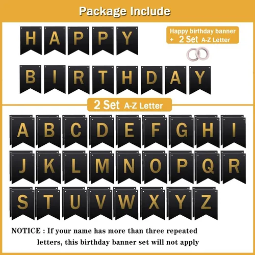 Vista 2 de Cartel de cumpleaños personalizado con nombre, haz tu propio banderín de feliz cumpleaños para fiesta de cumpleaños, letrero negro con 26 pancartas