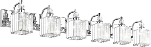 Vista 16 de Ralbay - Luces de tocador de cristal, 2 luces, modernas lámparas de cromo de cristal para iluminación de baño, para usar sobre el espejo