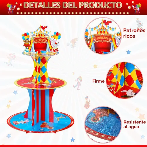 Vista 3 de Zopeal Soporte de 3 niveles para cupcakes con temática de circo para decoraciones de fiesta de cumpleaños, carnaval, mesa de postre, soporte