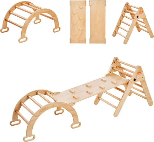 Vista 11 de VEVOR Pikler - Juego de triángulos escalador 5 en 1, juguetes de escalada para niños pequeños plegables en interiores con arco y rampa y escalera