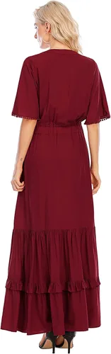 Vista 6 de R.Vivimos - Vestido por debajo de la rodilla bohemio para mujer, de manga corta, algodón, cuello en V, diseño floral y estilo informal