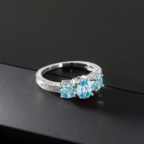 Vista 10 de Gem Stone King Anillo de compromiso de 3 piedras preciosas de oro blanco de 10 quilates con piedra natal y diamantes cultivados en laboratorio