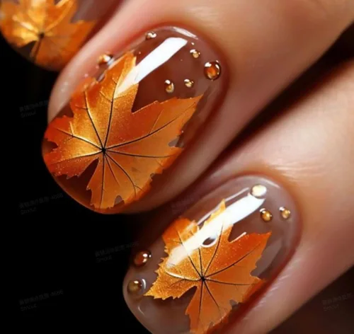 Vista 17 de Uñas postizas a presión de otoño, uñas postizas cortas cuadradas de MABKJLF con diseños de hojas de arce, pegamento brillante en uñas, uñas