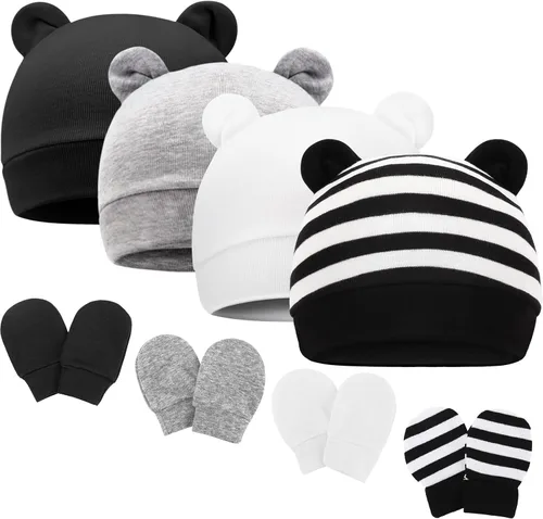 Vista 16 de DRESHOW Gorro de recién nacido con orejas de oso y manoplas, conjuntos de gorro de algodón para prematuros, gorro de bebé para niño y niña, gorro