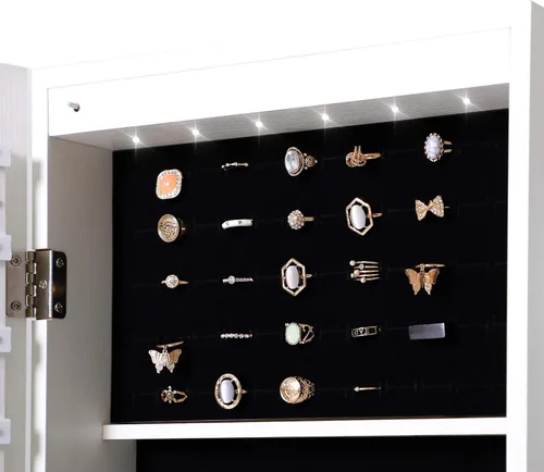 Vista 6 de MIYACA Organizador de 6 luces LED con espejo de joyería, armario de joyería con cerradura montado en la pared, con espejo de tocador de longitud