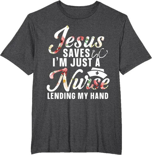 Vista 36 de Jesus Saves I'm Just A Nurse Lending My Hand RN Christian T-Shirt Asphalt Grey