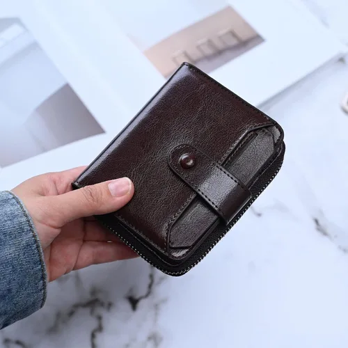 Vista 2 de Carteras pequeñas para mujer, con bloqueo RFID, de cuero, con cremallera, bolsillo para monedas, tarjetero, con ventana de identificación, Café