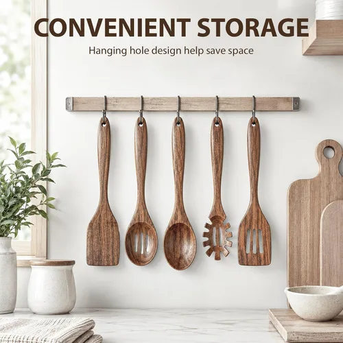 Vista 12 de KITEISCAT Cucharas de madera de acacia para cocinar: juego de utensilios de cocina y cocina de 5 piezas - espátula de madera, cuchara ranurada