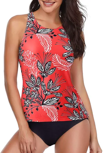 Vista 4 de Holipick - Conjunto de tankini de dos piezas para mujer, traje de baño sin mangas, con control de abdomen, cuello alto estilo halter y pantalones