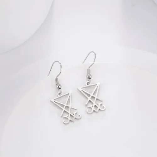Vista 4 de Lucifer - Pendientes colgantes de acero inoxidable con símbolo satánico, aretes vintage de Leviatán, joyería de la iglesia wiccana, joyería