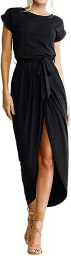 Vista 3 de Qearal - Vestido largo de verano con cinturón mangas 34 cintura elástica con abertura