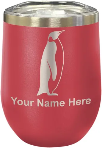 Vista 24 de LaserGram Vaso de vino de acero inoxidable de doble pared, pingüino, grabado personalizado incluido (negro)