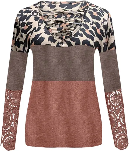 Vista 4 de Blusa de punto con estampado de leopardo y manga larga para mujer, con cuello en V, de moda, para otoño