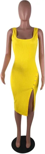 Vista 3 de Salimdy - Vestido de longitud media con corte tubo, sexy y liso, con tirantes delgados, acanalado, con botones, abertura lateral, entallado