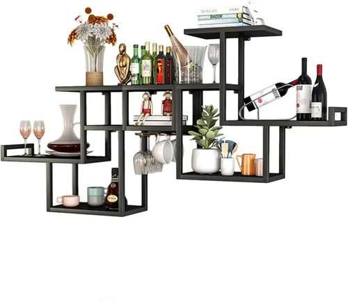 Vista 8 de Estantes de metal para bar, estante de vino montado en la pared con soporte colgante para copas de vino para exhibición de botellas de licor