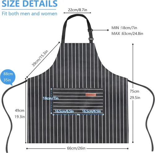 Vista 2 de Delantales de cocina ajustables, unisex, paquete de 2 2 bolsillos grandes, mezcla de algodón y poliéster, delantal con peto, para el hogar