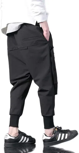 Vista 4 de RLJT JIN Pantalones de harén de cintura elástica para hombre, pantalones deportivos elásticos de hip hop con cordón, pantalones holgados de ajuste