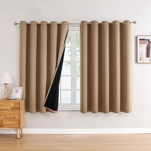 Vista 79 de ChrisDowa Cortinas 100% opacas de 63 pulgadas de largo para dormitorio con forro negro, 2 capas gruesas totalmente opacas con aislamiento térmico