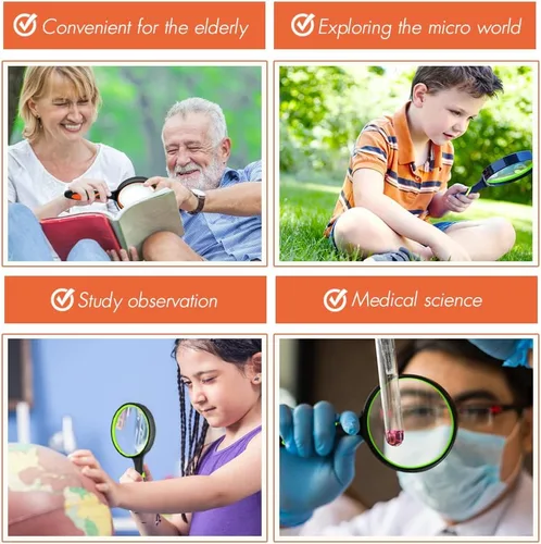 Vista 6 de Leffis Paquete de 2 lupas 10X para personas mayores y niños, lupa de mano antideslizante para leer, lentes de aumento de 2.953 in para trabajo
