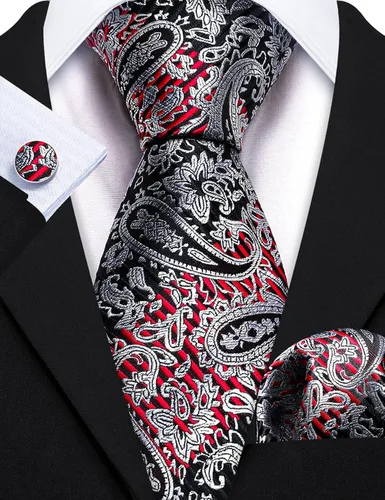 Vista 214 de Barry.Wang - Juego de corbata de seda para hombre, diseño de cachemira, pañuelo y gemelos de bolsillo