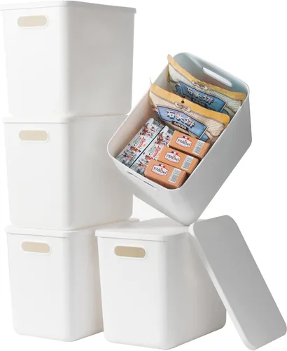 Vista 13 de Paquete de 4 contenedores grandes de plástico blanco con tapas, caja de juguetes con asa, contenedores organizadores para bebé, guardería, estantes