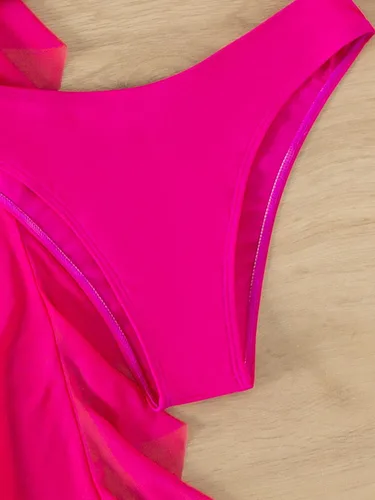 Vista 3 de MakeMeChic Traje de baño de 3 piezas para mujer, conjunto de bikini sólido halter con volantes transparentes