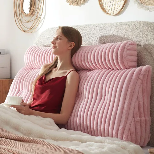 Vista 21 de Almohada de cabecero + Una almohada larga de cuello enrollado Almohada para el cuerpo, almohada de cuña de cabecero de pelo sintético con funda Beige