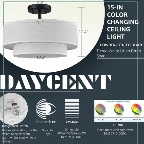 Vista 5 de DAYCENT - Lámpara de techo de tambor de 15 pulgadas con montaje Negro