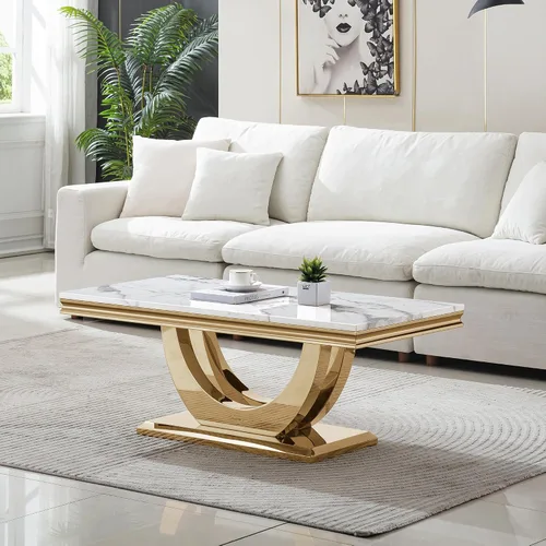 Vista 4 de Juego de mesa auxiliar de 2 piezas, mesa auxiliar de mármol sintético de oro blanco con 1 mesa auxiliar cuadrada, juego de mesa de sala de estar