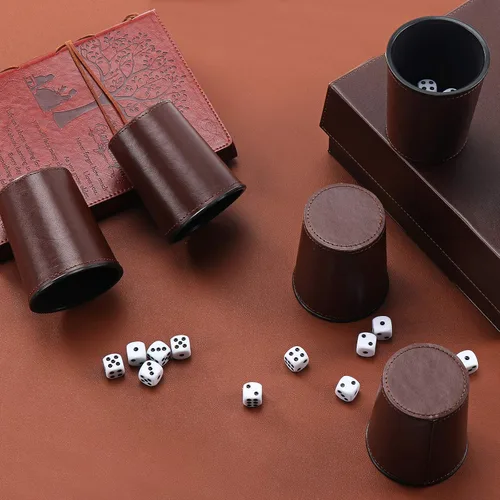 Vista 5 de Party Games - Juego de dados de cuero, 6 tazas de dados de cuero negro + 30 dados + funda exclusiva de almacenamiento y transporte hecha de piel