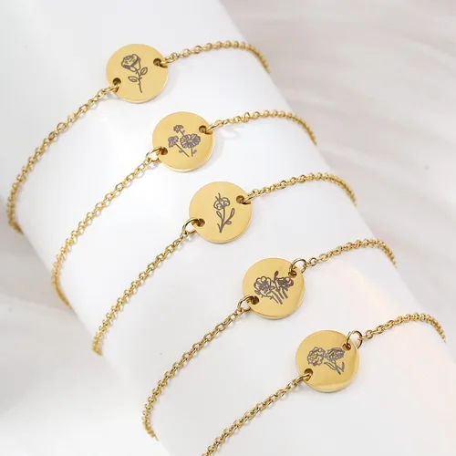 Vista 6 de Pulsera de flor de nacimiento de oro de 18 quilates grabada personalizada, pulseras con dije floral personalizado de acero inoxidable, cadena