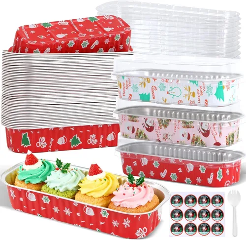 Vista 17 de Paquete de 100 mini moldes para pan de Navidad con tapas, mini moldes para pasteles con tapas y cucharas, moldes de papel de aluminio de 6.8 onzas
