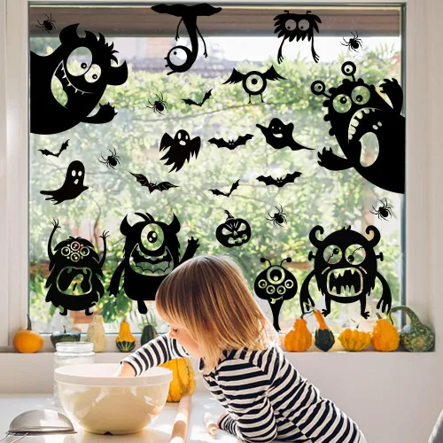 Vista 5 de Decoraciones de silueta de ventana de Halloween - Lindas calcomanías de silueta de monstru