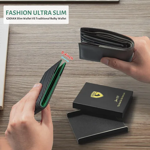 Vista 49 de GSOIAX Cartera delgada de cuero plegable RFID para hombre, billetera minimalista con bolsillo frontal con clip para dinero, 12 ranuras para Negro