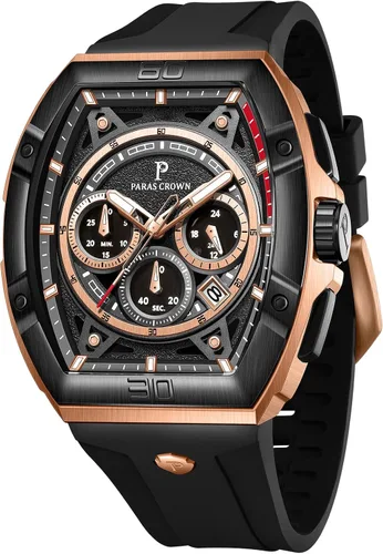 Vista 18 de Paras Crown Watches for Men Tonneau 5ATM Waterproof Quartz Luxury Chronograph Analog Men's Wrist Watches Stainless Steel Case Mens Watches Negro