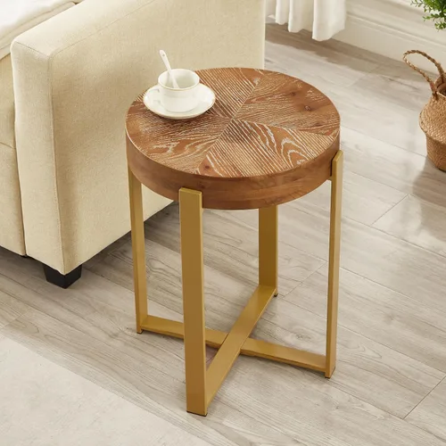 Vista 6 de Mesas de centro redondas de madera con patas de metal, mesa de centro circular de granja para sala de estar, mesas de café rústicas de madera