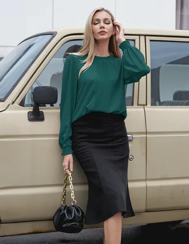 Vista 2 de Aifer Blusas de manga larga abombada con cuello alto falso y volantes para mujer, camisas de trabajo plisadas al frente, camisas de trabajo casuales