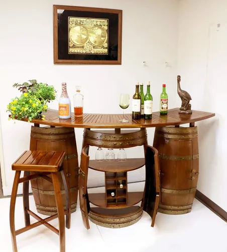 Vista 4 de MGP Barril de vino de madera de roble con barra plegable de madera de teca de 6 pies, 72 pulgadas de largo x 24 pulgadas de profundidad x 42