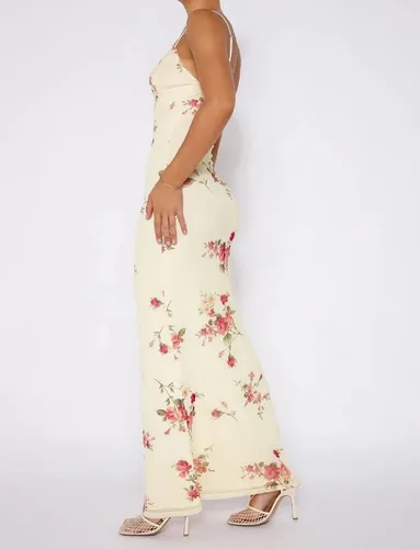 Vista 4 de Elegante vestido largo largo para mujer, con tirantes delgados, floral, vestido midi ajustado, sin espalda, para fiesta nocturna, vestidos sexys