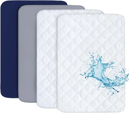 Vista 13 de Pack and Play - Juego de sábanas y protectores de colchón, paquete de 4, color gris 4-Piece Set: 2 Waterproof Quilted Covers + 2 Soft Sheets, Fits