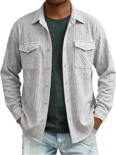 Vista 25 de Camisas con botones para hombre, casual, de manga larga, con cuello jacquard, texturizada, ligera, sobrecamisa, sobrecamisa