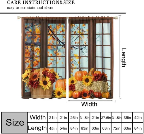 Vista 2 de Cortinas de ventana de cosecha de otoño, marco de madera rústica, cortinas florales de pacas de heno y calabaza, cenefa de cocina de Acción