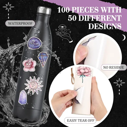 Vista 4 de PerKoop 100 calcomanías de bruja para diario de luna, calcomanías estéticas de vinilo impermeables para adultos, botellas de agua, laptop