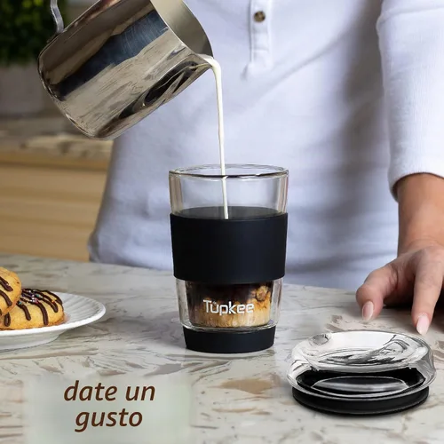 Vista 3 de Vaso de vidrio de doble pared, 8 onzas, vaso de té/café aislado y reutilizable hecho completamente de vidrio soplado a mano con tapa, taza de viaje